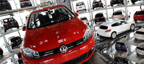 A red Volkswagen Golf car is retrieved by an automated palette from a storage tower near the company's main factory in the northern German city of Wolfsburg on March 12, 2009. Earlier Martin Winterkorn, CEO of German car maker Volkswagen (VW) addressed the company's annual press conference where he expressed the desire for his company to be number one in its sector by 2018.  AFP PHOTO  DDP / NIGEL TREBLIN    GERMANY OUT